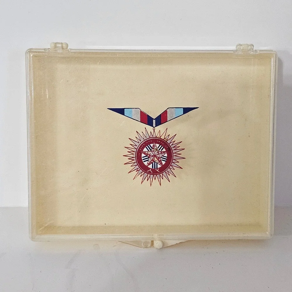 Vintage Plastic Storage Box with Medal Emblem Clear Lid Cream Base Small Case